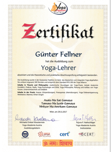 Yogalehrzertifikat Günter Fellner Yogaakademie