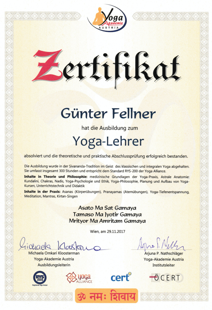 Yogalehrerzertifikat Günter Fellner