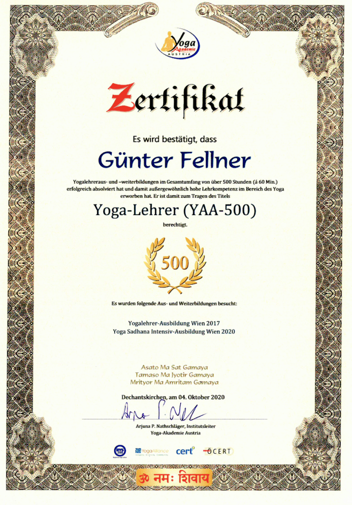 Yogalehrer 500+ Zertifikat für Günter Fellner